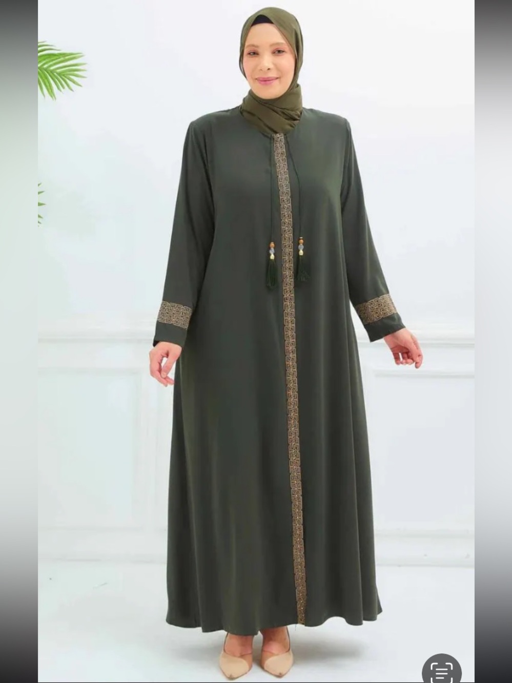 Olive Green Embellished Modest Abaya Dress with gold and black rhinestones